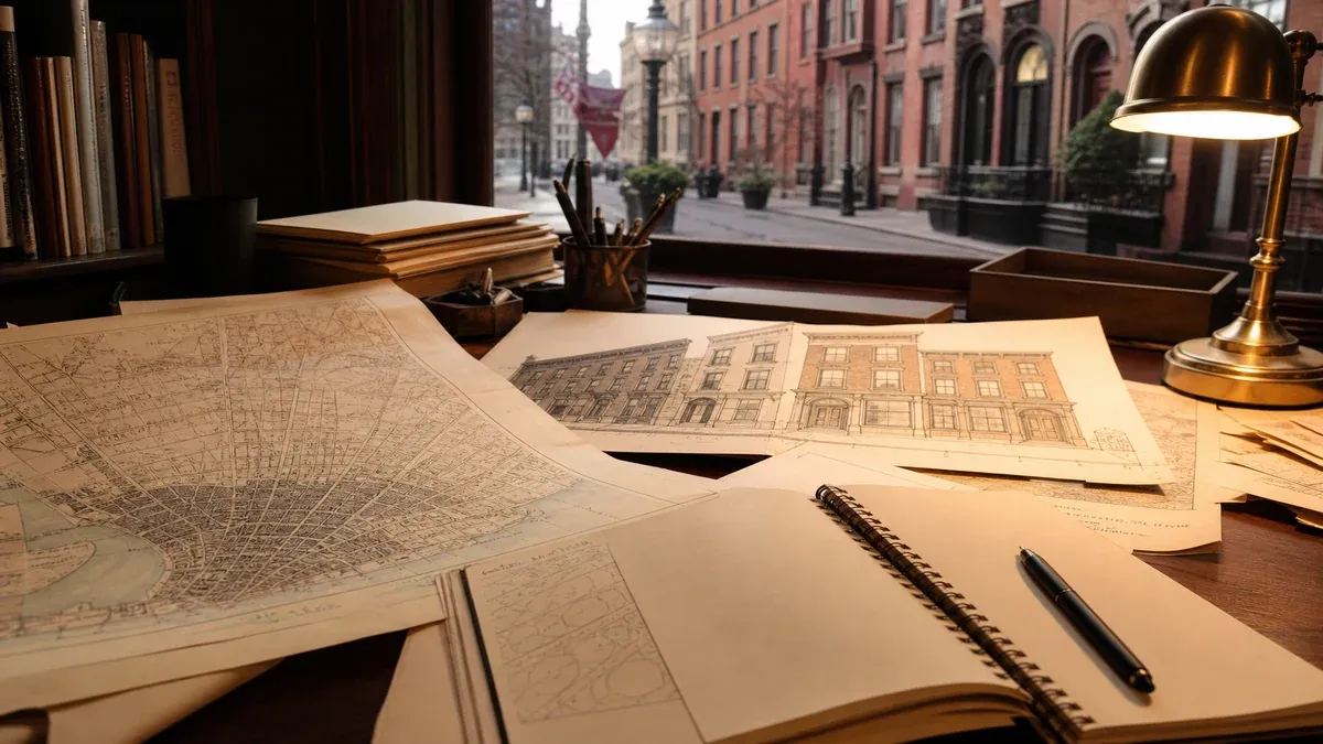 Historic downtown editorial research scene with main street maps